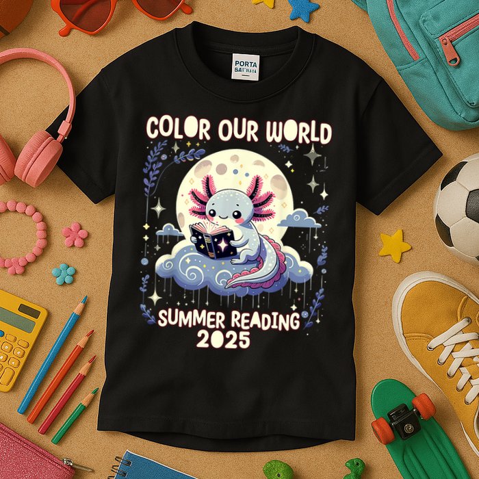 Color Our World Summer Reading Program 2025 Funny Axolotl Kids T-Shirt