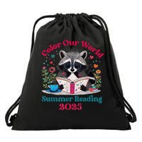 Color Our World Summer Reading Program 2025 Raccoon Reading Drawstring Bag