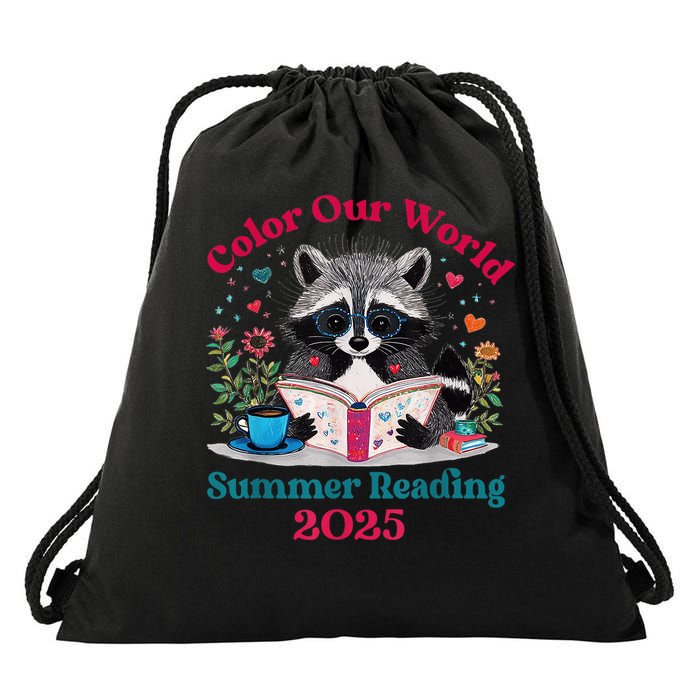 Color Our World Summer Reading Program 2025 Raccoon Reading Drawstring Bag