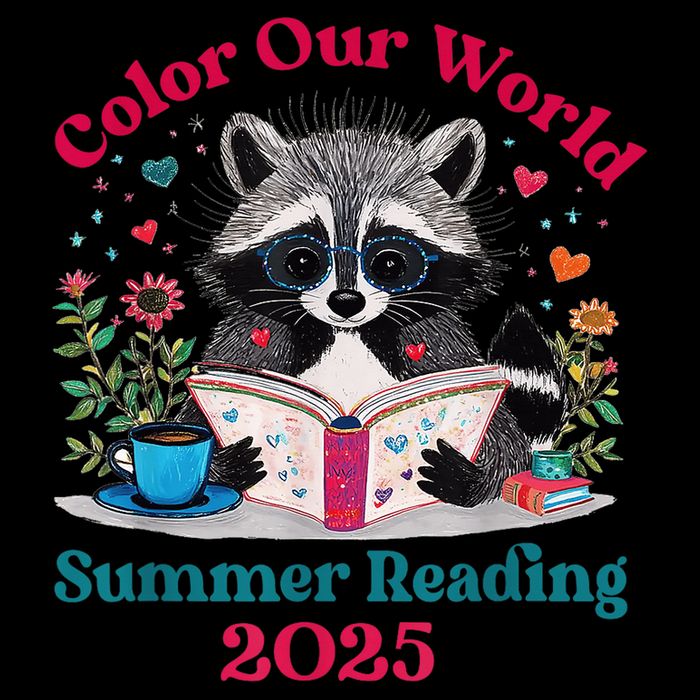 Color Our World Summer Reading Program 2025 Raccoon Reading Drawstring Bag
