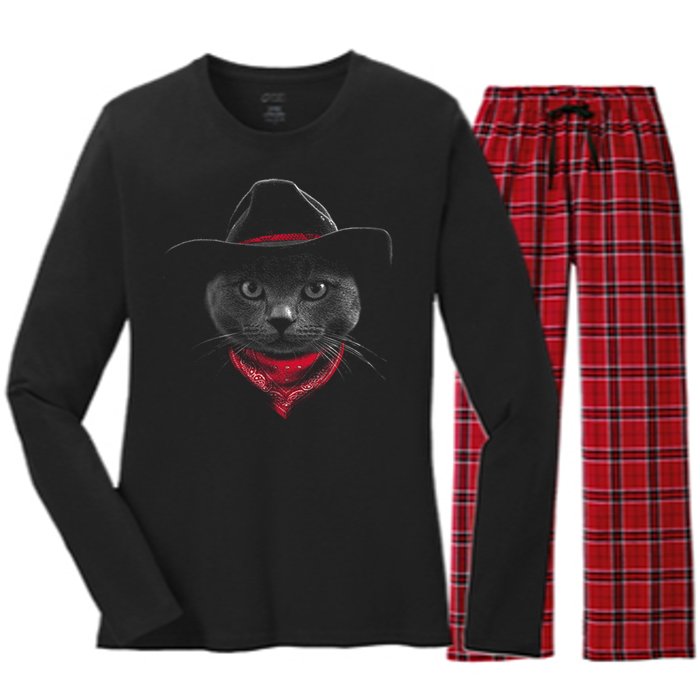 Cowboy Cat Women's Long Sleeve Flannel Pajama Set 