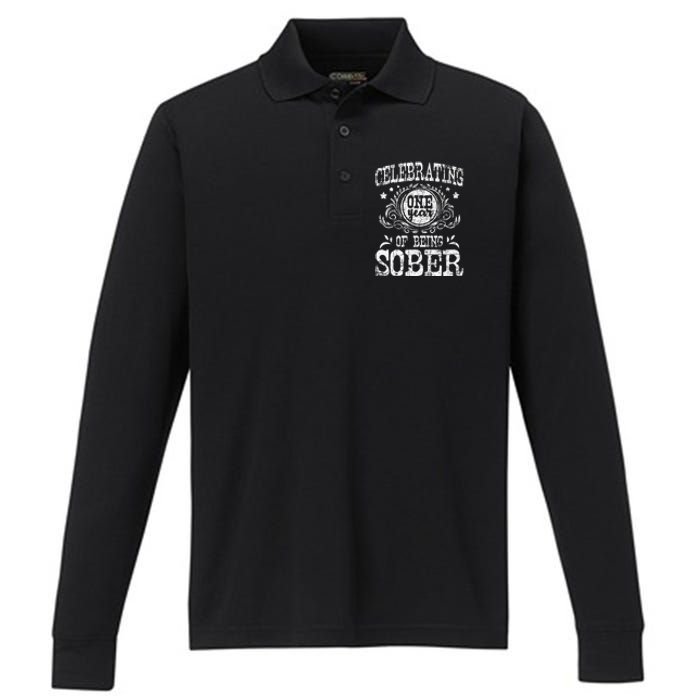 Celebrating One Year Of Being Sober Recovery Sobriety AA Performance Long Sleeve Polo