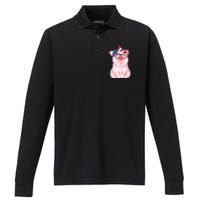 Cute Pig 4th Of July USA Flag Patriotic American Piggy Joke Performance Long Sleeve Polo