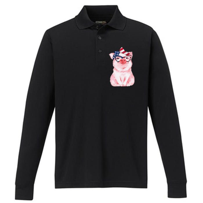 Cute Pig 4th Of July USA Flag Patriotic American Piggy Joke Performance Long Sleeve Polo