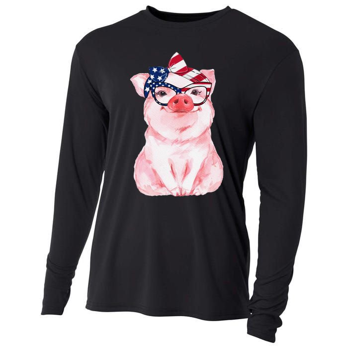 Cute Pig 4th Of July USA Flag Patriotic American Piggy Joke Cooling Performance Long Sleeve Crew