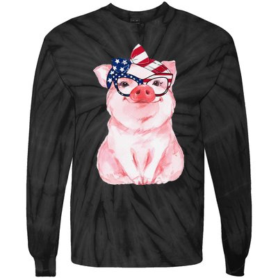 Cute Pig 4th Of July USA Flag Patriotic American Piggy Joke Tie-Dye Long Sleeve Shirt