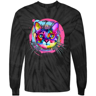 Colorful Painted Abstract Cat Face Tie-Dye Long Sleeve Shirt