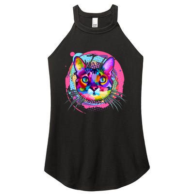 Colorful Painted Abstract Cat Face Women's Perfect Tri Rocker Tank