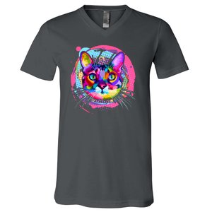 Colorful Painted Abstract Cat Face V-Neck T-Shirt