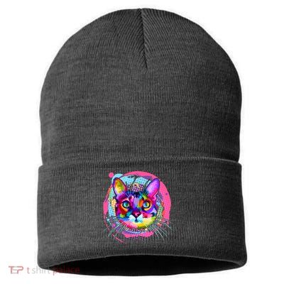 Colorful Painted Abstract Cat Face Sustainable Knit Beanie