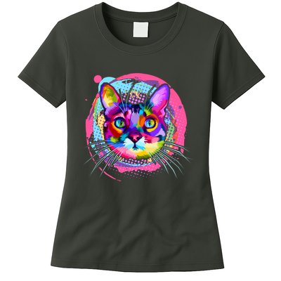 Colorful Painted Abstract Cat Face Womens T-Shirt