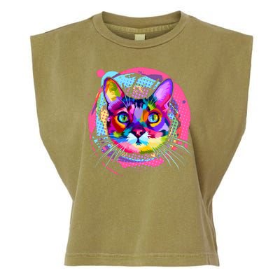 Colorful Painted Abstract Cat Face Garment-Dyed Women's Muscle Tee