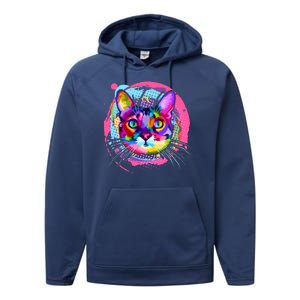 Colorful Painted Abstract Cat Face Performance Fleece Hoodie