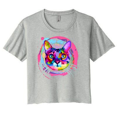 Colorful Painted Abstract Cat Face Women's Crop Top Tee