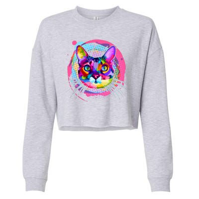 Colorful Painted Abstract Cat Face Cropped Pullover Crew