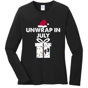 Christmas Pregnancy Announcement Gifts Unwrap In July Ladies Long Sleeve Shirt