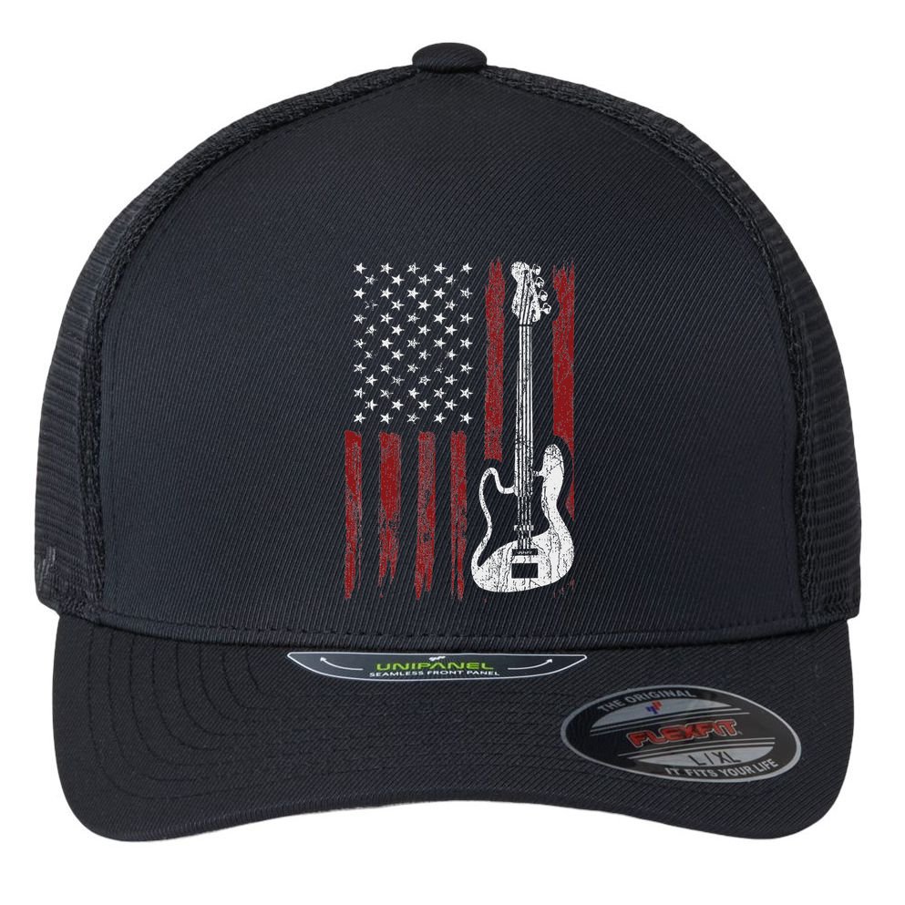 Cool Patriotic American Flag Bass Guitarist Guitar Gift Flexfit Unipanel Trucker Cap