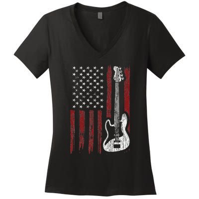 Cool Patriotic American Flag Bass Guitarist Guitar Gift Women's V-Neck T-Shirt