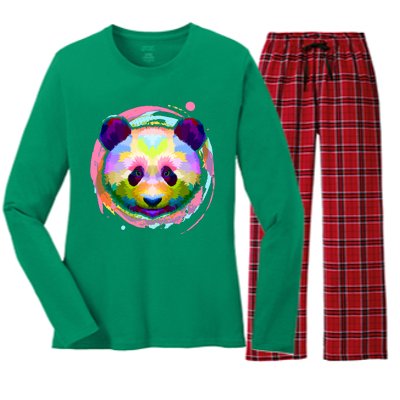 Colorful Painted Abstract Panda Face Women's Long Sleeve Flannel Pajama Set 