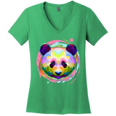 Colorful Painted Abstract Panda Face Women's V-Neck T-Shirt