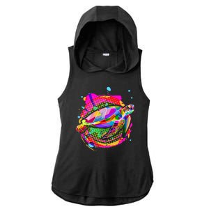 Colorful Painted Abstract Sea Turtle Ladies PosiCharge Tri-Blend Wicking Draft Hoodie Tank