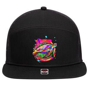 Colorful Painted Abstract Sea Turtle 7 Panel Mesh Trucker Snapback Hat