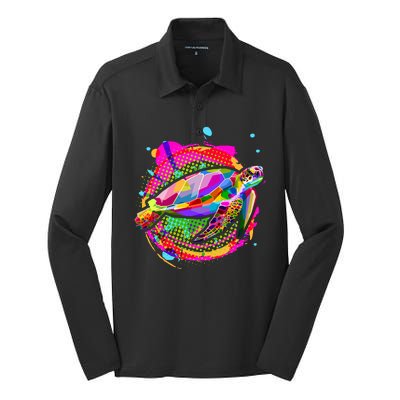 Colorful Painted Abstract Sea Turtle Silk Touch Performance Long Sleeve Polo