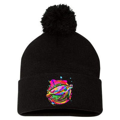 Colorful Painted Abstract Sea Turtle Pom Pom 12in Knit Beanie