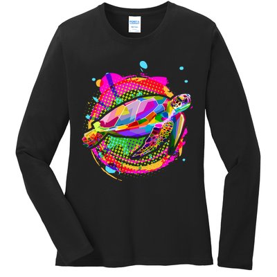 Colorful Painted Abstract Sea Turtle Ladies Long Sleeve Shirt