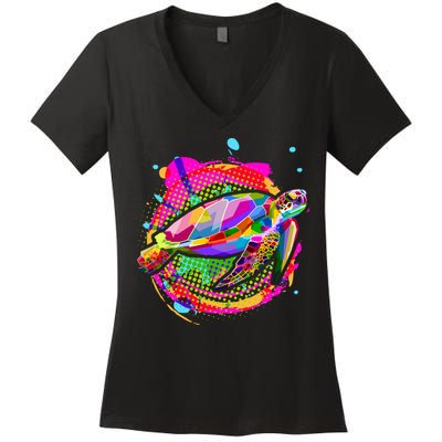 Colorful Painted Abstract Sea Turtle Women's V-Neck T-Shirt