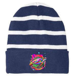 Colorful Painted Abstract Sea Turtle Striped Beanie with Solid Band