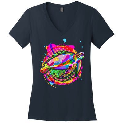 Colorful Painted Abstract Sea Turtle Women's V-Neck T-Shirt