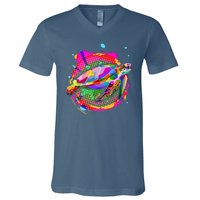 Colorful Painted Abstract Sea Turtle V-Neck T-Shirt