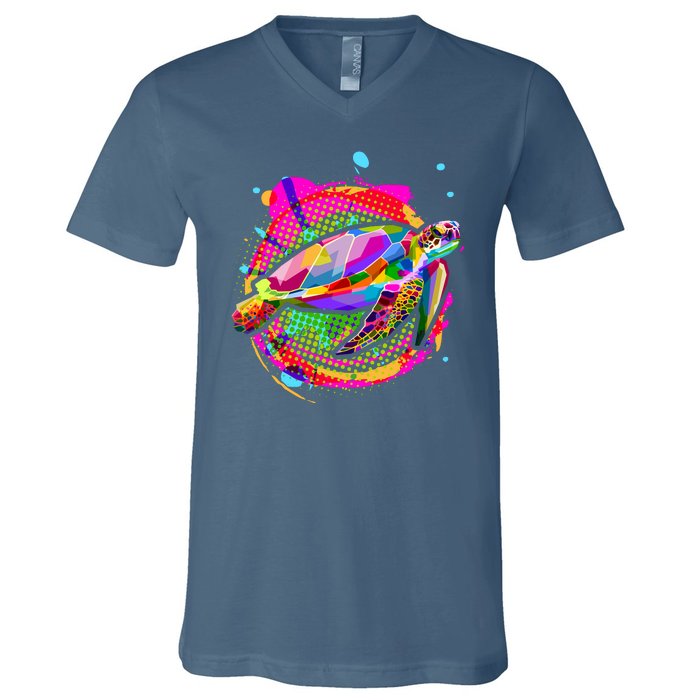 Colorful Painted Abstract Sea Turtle V-Neck T-Shirt