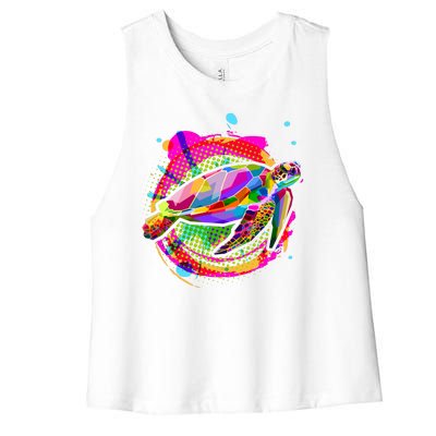 Colorful Painted Abstract Sea Turtle Women's Racerback Cropped Tank