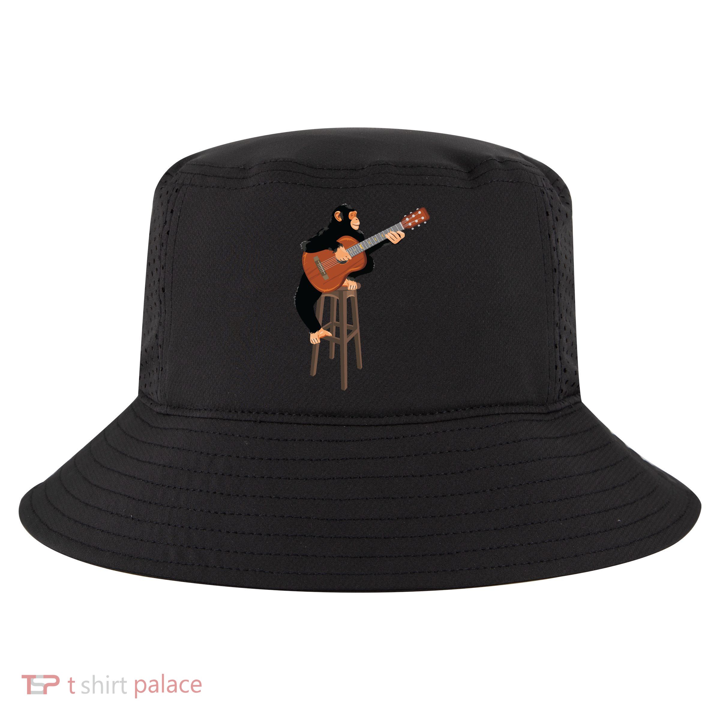 Chimpanzee Playing Acoustic Guitar. Funny Monkey Cool Comfort Performance Bucket Hat