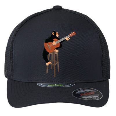 Chimpanzee Playing Acoustic Guitar. Funny Monkey Flexfit Unipanel Trucker Cap