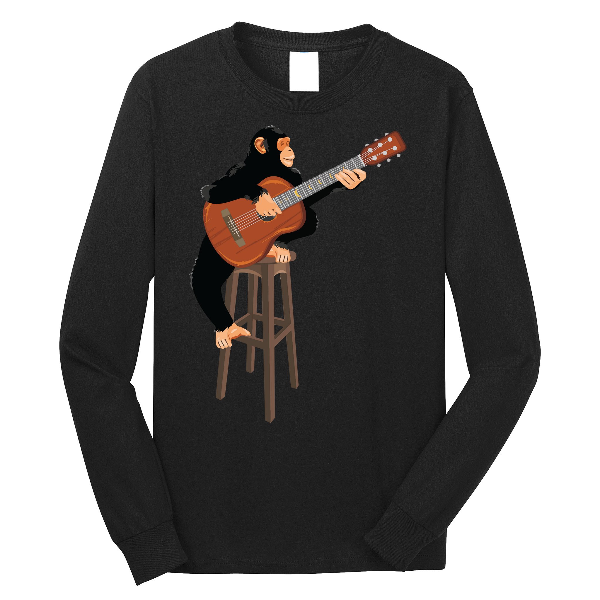 Chimpanzee Playing Acoustic Guitar. Funny Monkey Long Sleeve Shirt