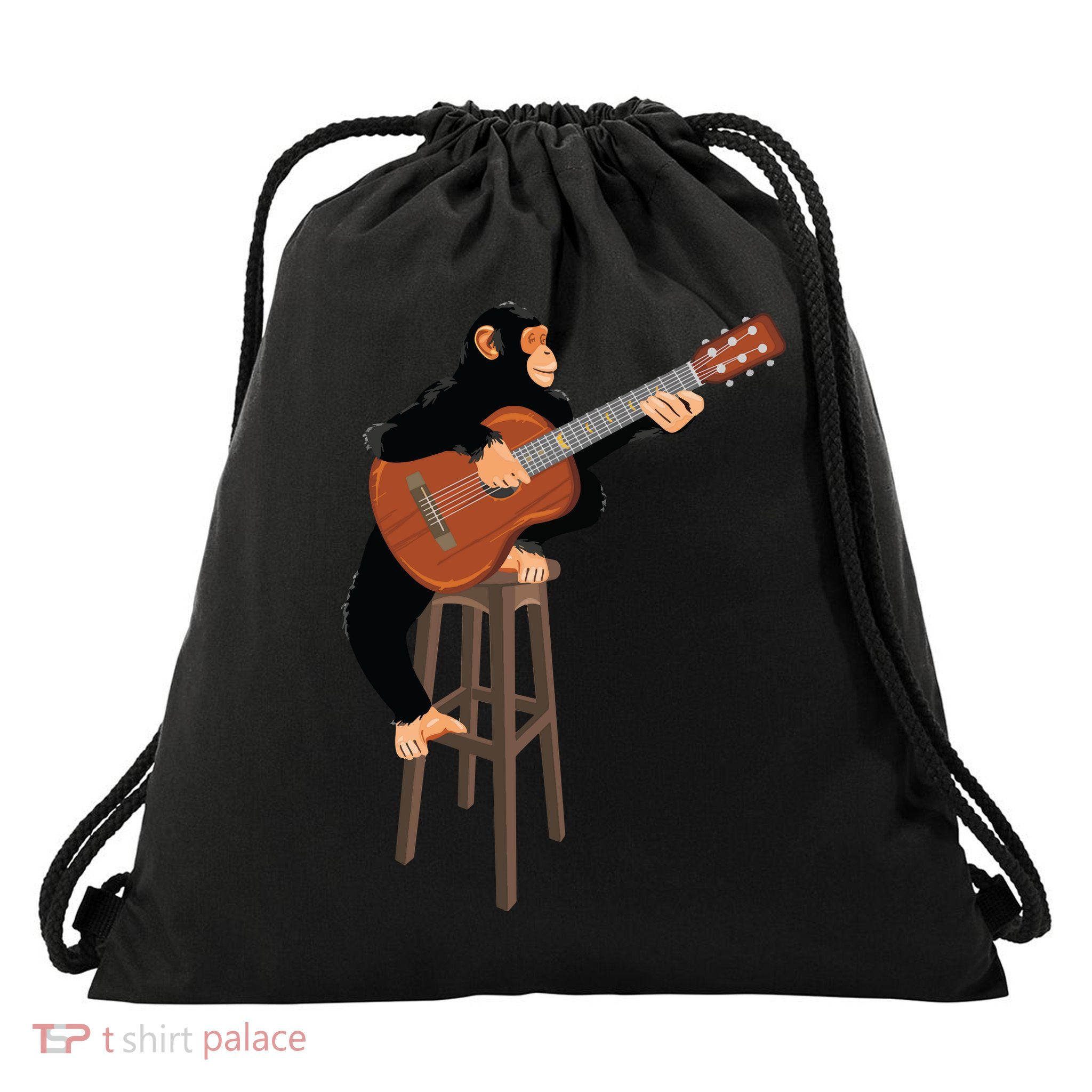 Chimpanzee Playing Acoustic Guitar. Funny Monkey Drawstring Bag
