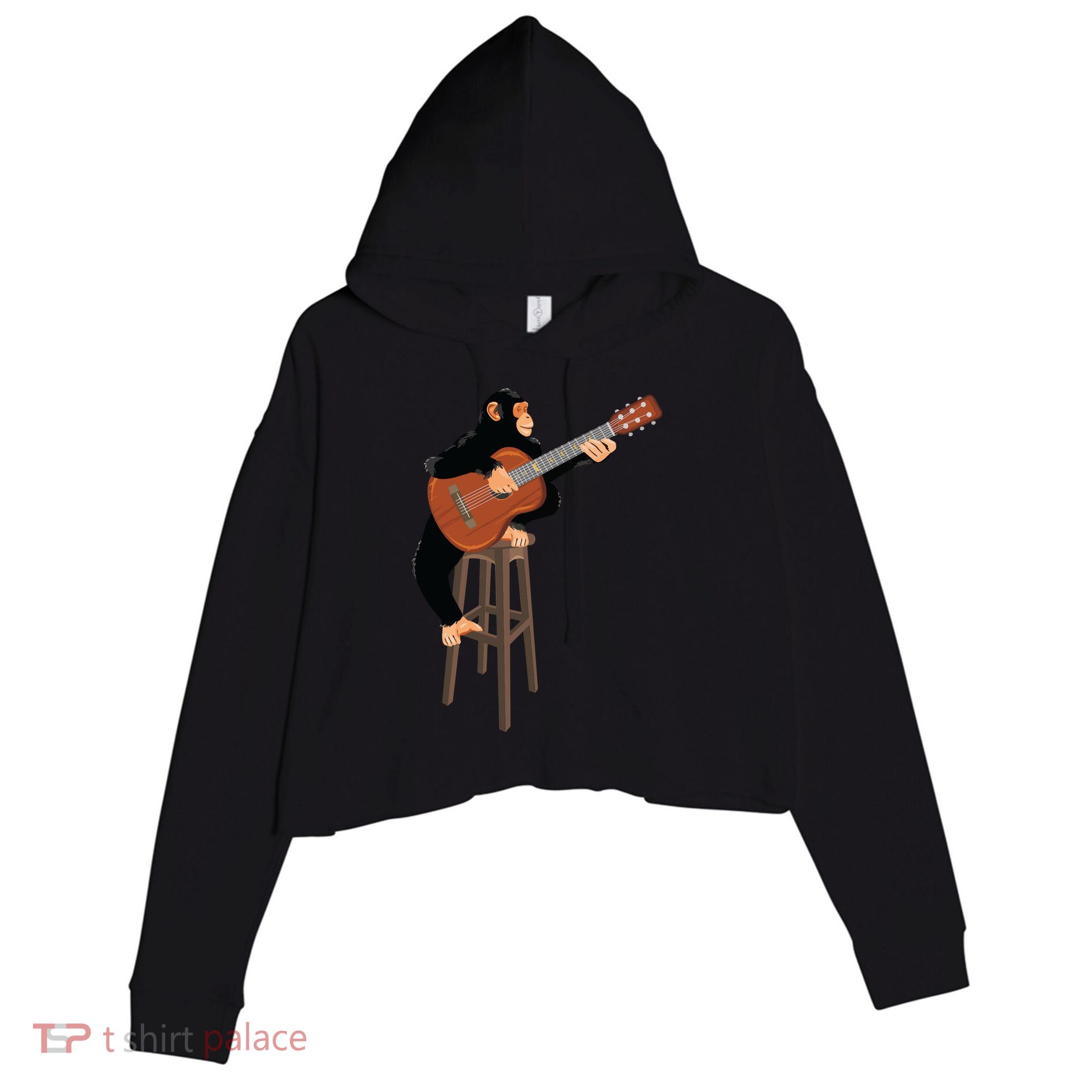 Chimpanzee Playing Acoustic Guitar. Funny Monkey Crop Fleece Hoodie