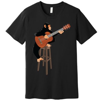 Chimpanzee Playing Acoustic Guitar. Funny Monkey Premium T-Shirt