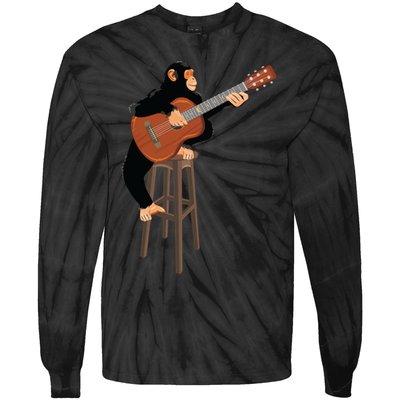 Chimpanzee Playing Acoustic Guitar. Funny Monkey Tie-Dye Long Sleeve Shirt