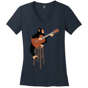 Chimpanzee Playing Acoustic Guitar. Funny Monkey Women's V-Neck T-Shirt