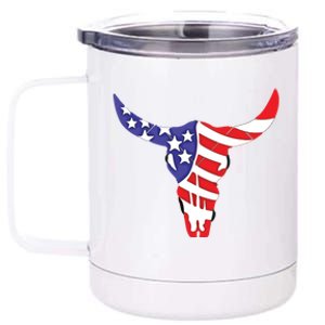 Cool Patriotic American Flag Cow Skull Gift Bull Skull Cool Gift 12 oz Stainless Steel Tumbler Cup