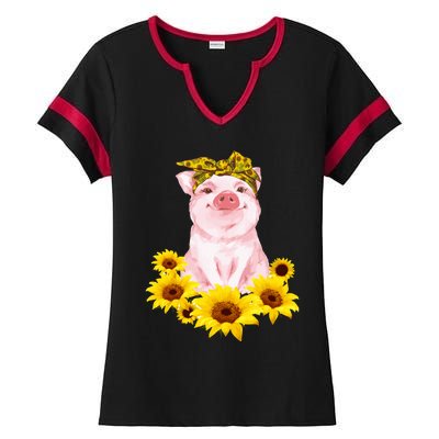 Cute Pig And Bandana Sunflower For Girl Women Mom Pullover Ladies Halftime Notch Neck Tee