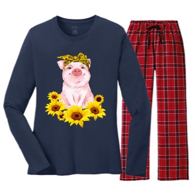 Cute Pig And Bandana Sunflower For Girl Women Mom Pullover Women's Long Sleeve Flannel Pajama Set 