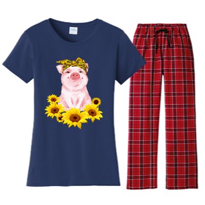 Cute Pig And Bandana Sunflower For Girl Women Mom Pullover Women's Flannel Pajama Set