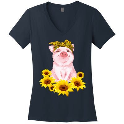 Cute Pig And Bandana Sunflower For Girl Women Mom Pullover Women's V-Neck T-Shirt