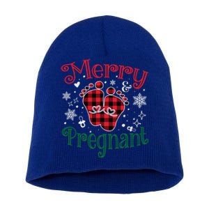 Christmas Pregnancy Announcet Merry And Pregnant Plaid Gift Short Acrylic Beanie