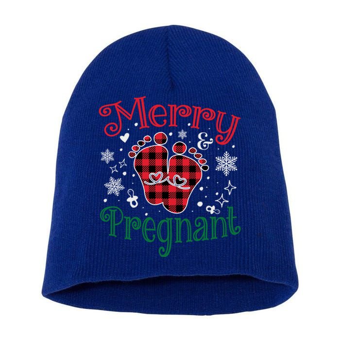 Christmas Pregnancy Announcet Merry And Pregnant Plaid Gift Short Acrylic Beanie